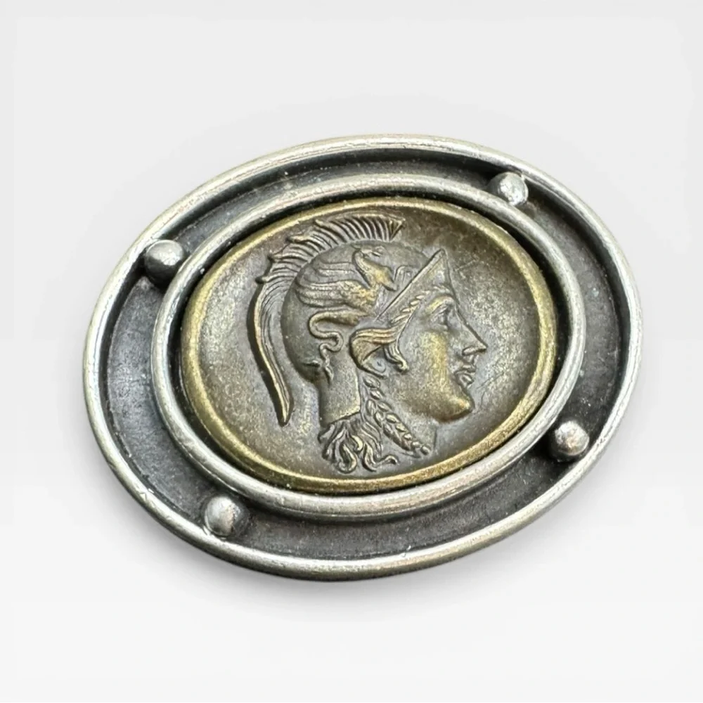 BEN-AMUN Rare Vintage Etruscan-Revival Roman Soldier Coin Brooch